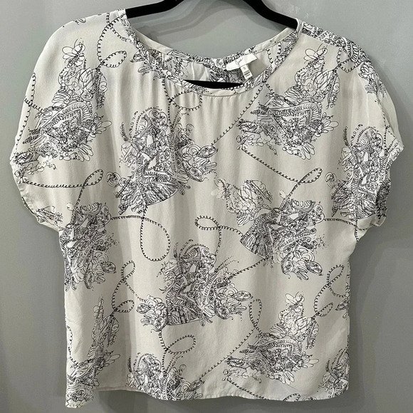 Joie Gray Blouse Short Sleeve Flowly Black Abstract Floral Design Size Small - Picture 1 of 5
